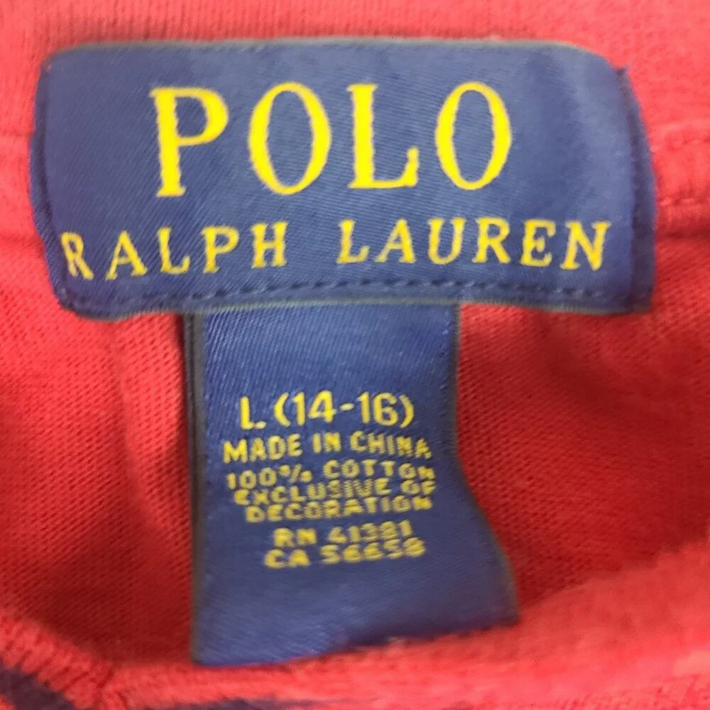 Polo Ralph Lauren Red T-shirt Youth Boys Sz 14-16 Blue Logo Crew Neck Shirt‎